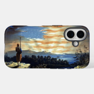 Funda iPhone 16 Bandera estadounidense celestial en el cielo, guer