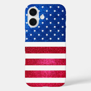 Funda iPhone 16 Bandera estadounidense patriótica de Purpurina azu