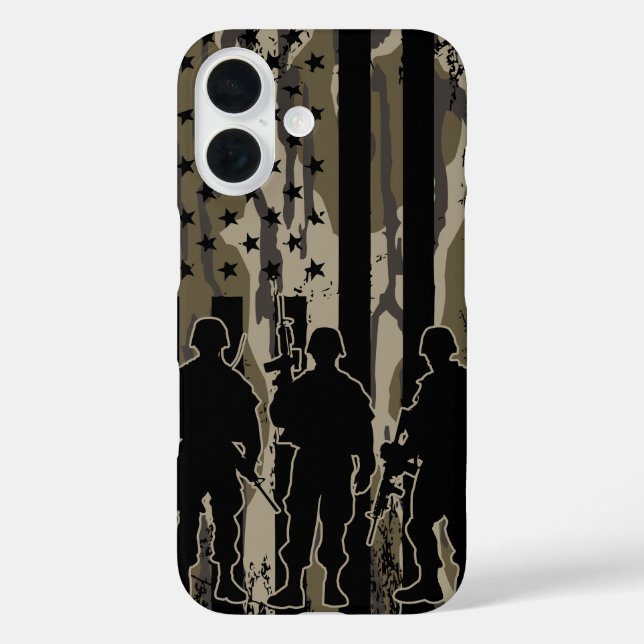 Funda iPhone 16 Bandera y soldados norteamericanos de Camo Bottoml (Reverso )