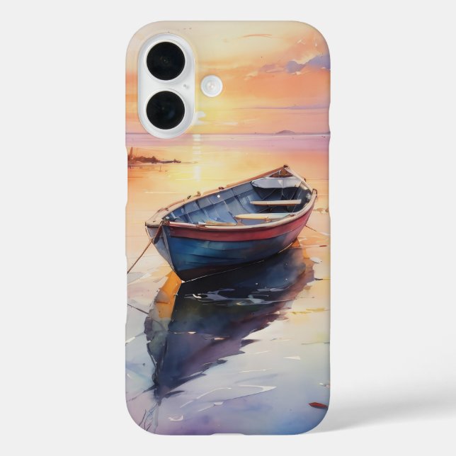 Funda iPhone 16 Barca costera de estilo rawboat al atardecer (Reverso )