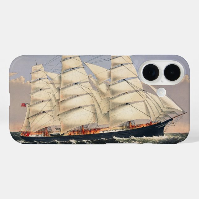 Funda iPhone 16 Barco de Vela Náutico Antiguo Currier & Ives (Reverso (Horizontal))