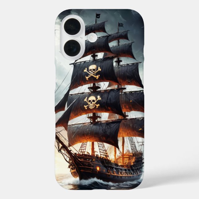 Funda iPhone 16 Barco pirata con calavera y huesos (Reverso )