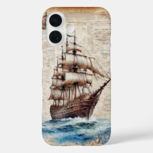 Funda iPhone 16 Barco viejo en el océano sobre pergamino