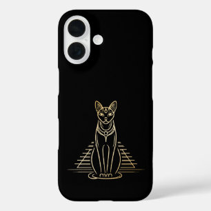 Funda iPhone 16 Bastet, diosa gata egipcia frente a una pirámide
