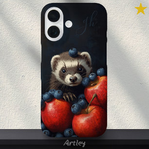 Funda iPhone 16 Bebé de Ferret Cute Animal Peeking Fruit Initials