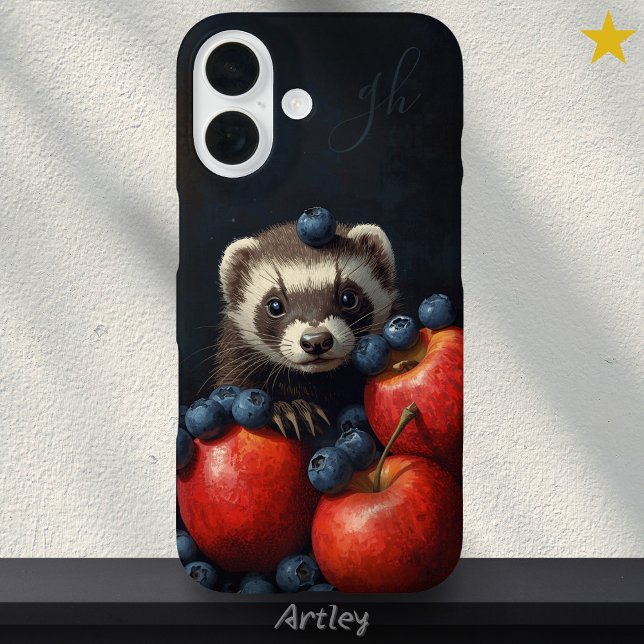 Funda iPhone 16 Bebé de Ferret Cute Animal Peeking Fruit Initials (Subido por el creador)