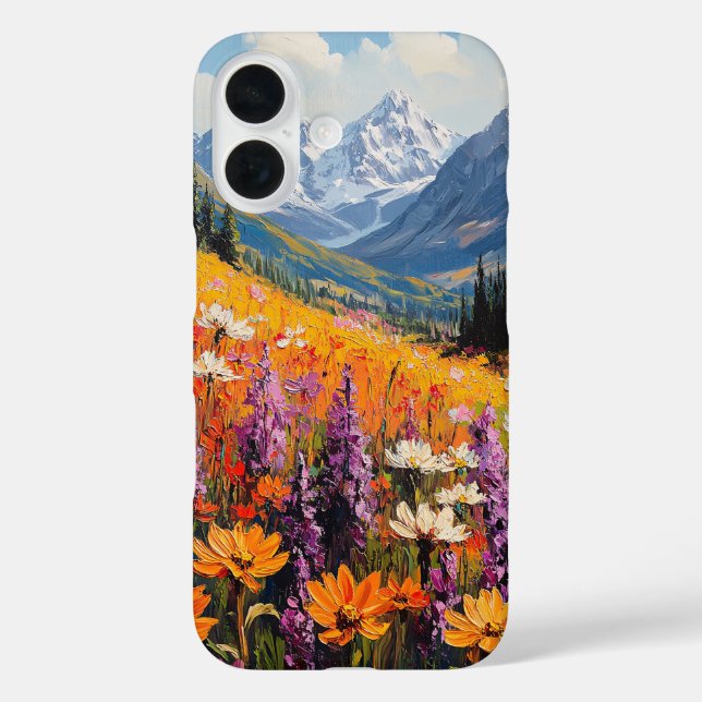 Funda iPhone 16 Bella Artes de flores silvestres y montañas escéni (Reverso )