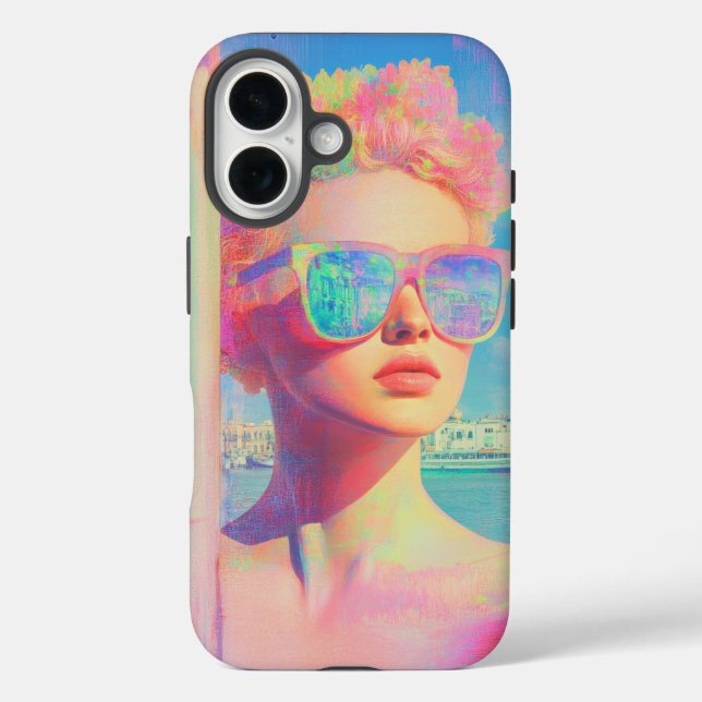 Funda iPhone 16 Belleza costera neón con gafas de sol (Reverso )