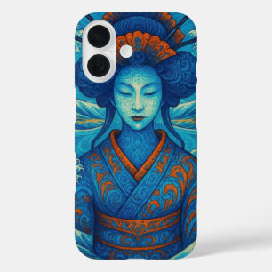 Funda iPhone 16 Belleza oriental abstracta Geisha Maiko ondas azul