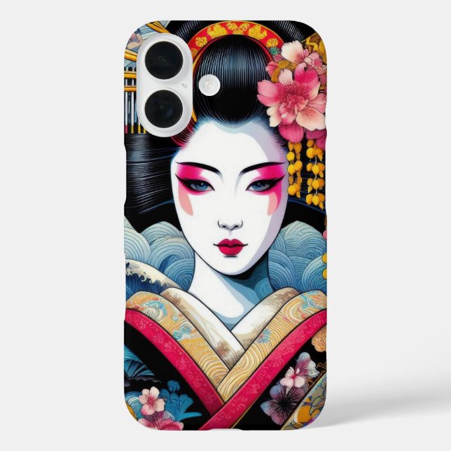 Funda iPhone 16 Belleza oriental Geisha Maiko sakura flores olas (Reverso )