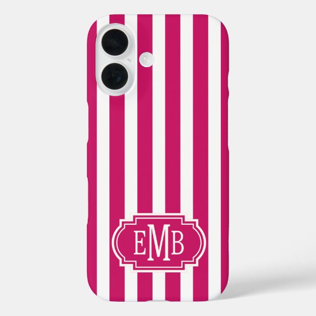 Funda iPhone 16 Berry and White Monogrammed Stripes (Reverso )