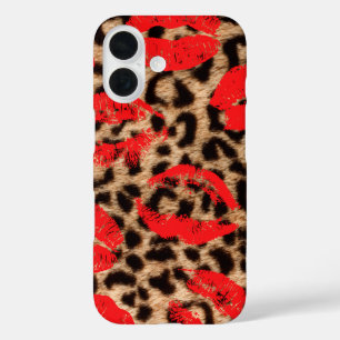 Funda iPhone 16 Besos de lápiz labial Leopard Kiss