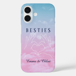 Funda iPhone 16 Besties meilleures amies fond ciel bleu et rose