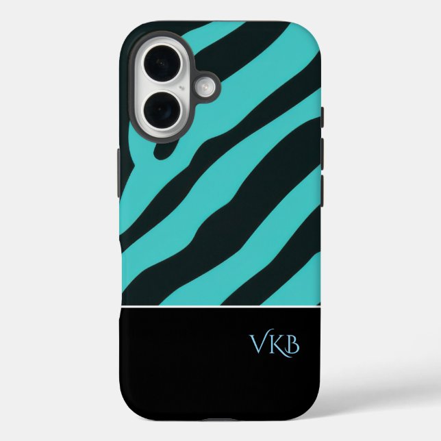 Funda iPhone 16 Black and Blue Abstract Personalized Name (Reverso )