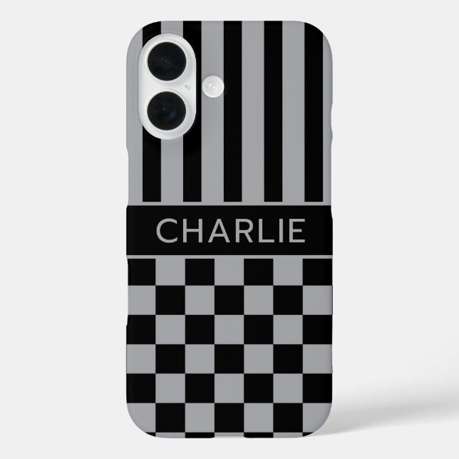Funda iPhone 16 Black and Gray Checkered Striped Personalized (Reverso )