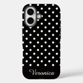 Funda iPhone 16 Black and White Polka Dot Personalized Name 