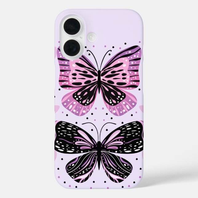 Funda iPhone 16 Black, Pink, Purple Butterflies  (Reverso )