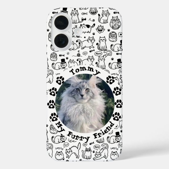Funda iPhone 16 Black & White Custom Cat Photo and Name  (Reverso )
