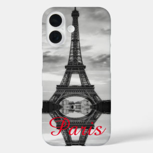 Funda iPhone 16 Black White Eiffel Tower Paris Love City Travel