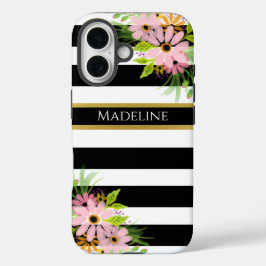 Funda iPhone 16 Blanco Negro Rayado Floral Dorado | Elegante