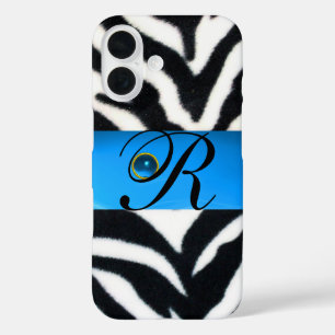 FUNDA iPhone 16 BLANCO NEGRO ZEBRA FUR AQUA GEM AZUL MONOGRAM
