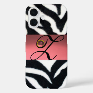FUNDA iPhone 16 BLANCO NEGRO ZEBRA FUR PINK GEM MONOGRAM,