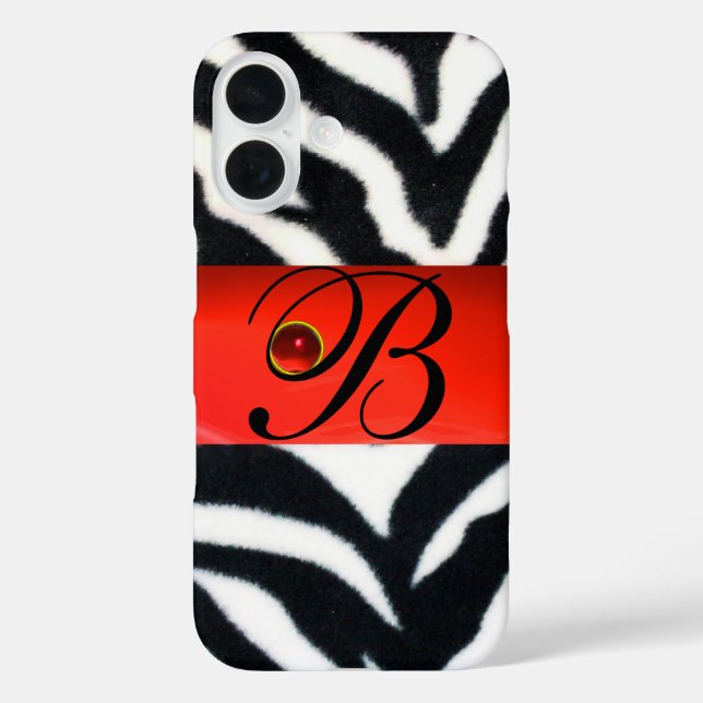 FUNDA iPhone 16 BLANCO NEGRO ZEBRA FUR ROJO GEM MONOGRAM, (Reverso )