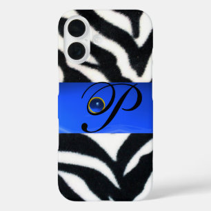 FUNDA iPhone 16 BLANCO NEGRO ZEBRA FUR SAPPHIRE AZUL GEM MONOGRAM,