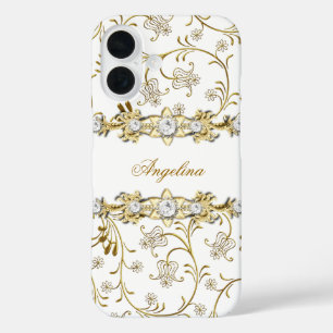 Funda iPhone 16 Blanco Plateado Oro Diamante Floral Joya