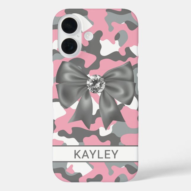 Funda iPhone 16 Blingy Pink Gray Camouflage Personalized (Reverso )