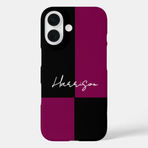 Funda iPhone 16 Bloque de Color Burdeos Negro Nombre Personalizado