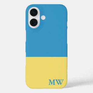 Funda iPhone 16 Bloque de color monograma azul cielo y amarillo