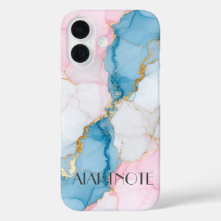 Funda iPhone 16 Blue and Pink Marble with Gold Veins