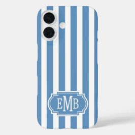 Funda iPhone 16 Blue and White Monogrammed Stripes