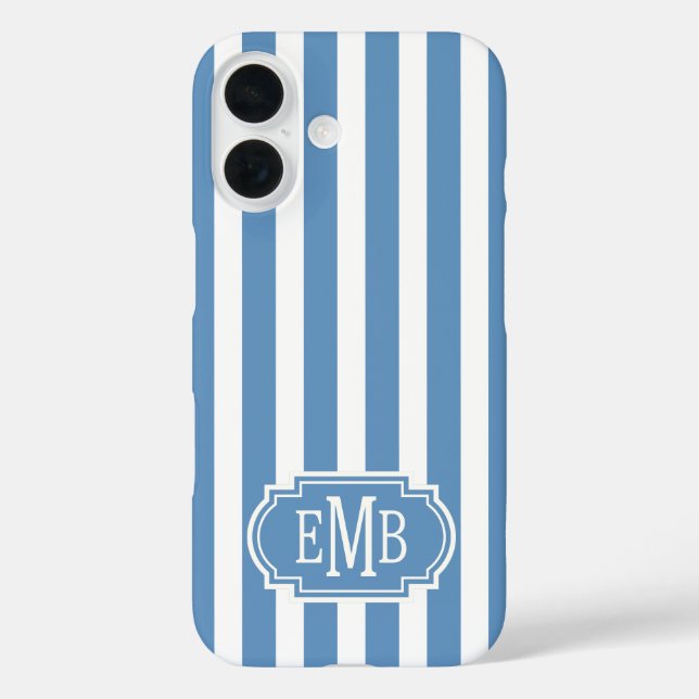 Funda iPhone 16 Blue and White Monogrammed Stripes (Reverso )