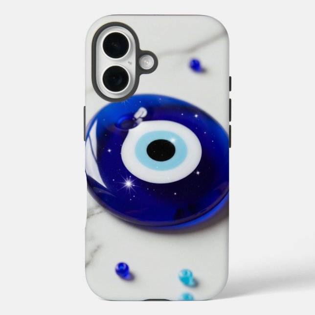 Funda iPhone 16 Blue Evil Eye Amulet on White Marble Surface (Reverso )