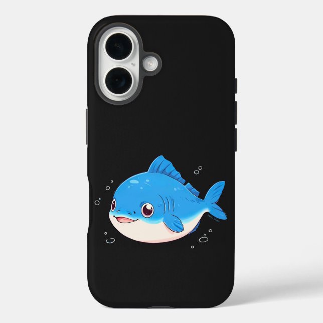 Funda iPhone 16 Blue Fish Drawing, Cartoon Style (Reverso )
