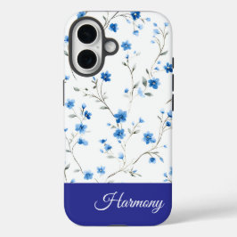 Funda iPhone 16 Blue Floral Personalized Name Phone