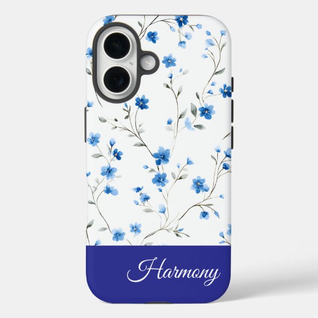 Funda iPhone 16 Blue Floral Personalized Name Phone (Reverso )