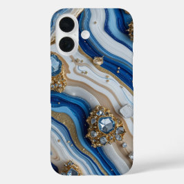 Funda iPhone 16 Blue Geode Gemstone with Gold Crystals – Luxury