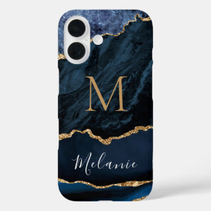 Funda iPhone 16 Blue Gold Marble Tu Letra Nombre iPhone Estuche