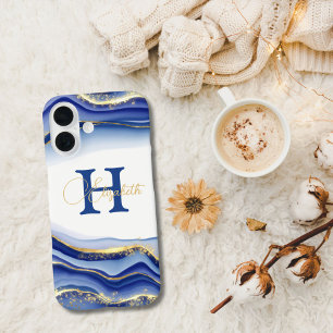 Funda iPhone 16 Blue Gold Tinta Alcohol Monograma Nombre Inicial 