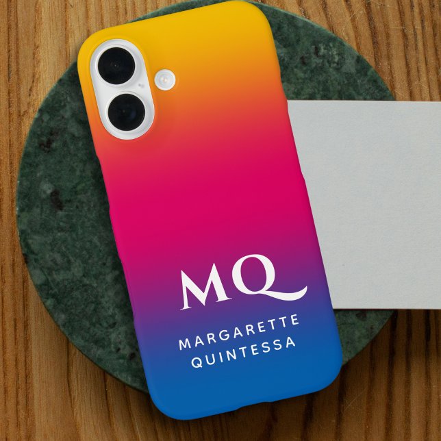 Funda iPhone 16 Blue Pink Yellow Gradient White Monogram Initials (Subido por el creador)