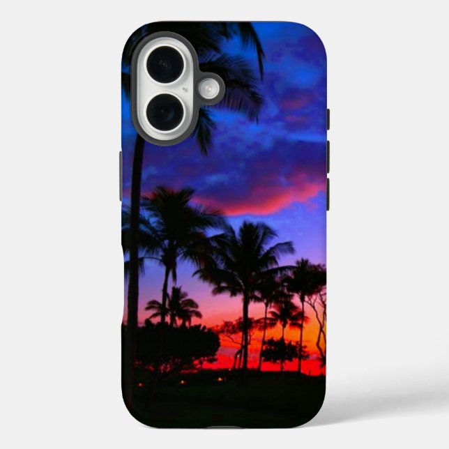 Funda iPhone 16 Blue Red Sunset Exotic Hawaiian Beach Palm Trees (Reverso )