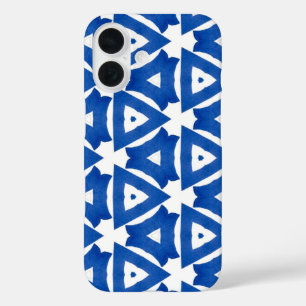 Funda iPhone 16 Blue White Griega Mediterráneo Tile Triangles Moda