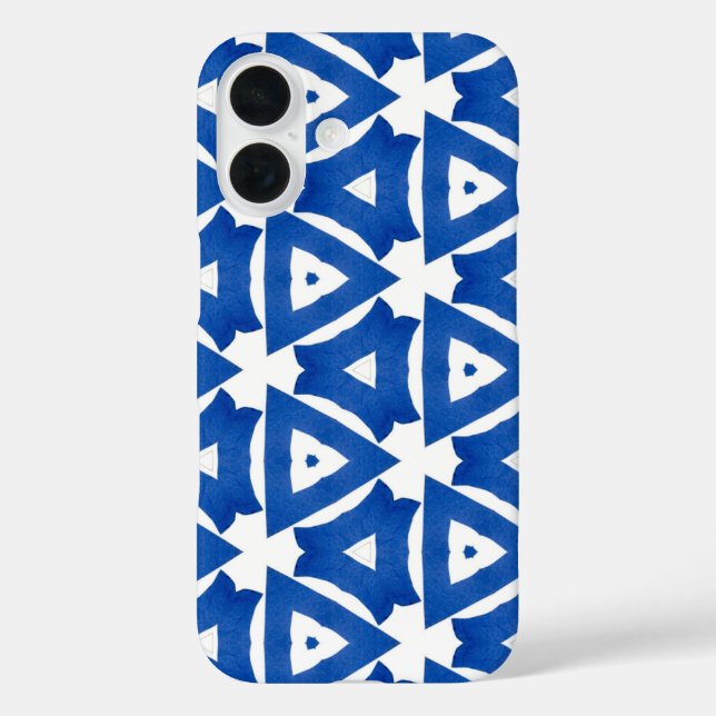 Funda iPhone 16 Blue White Griega Mediterráneo Tile Triangles Moda (Reverso )