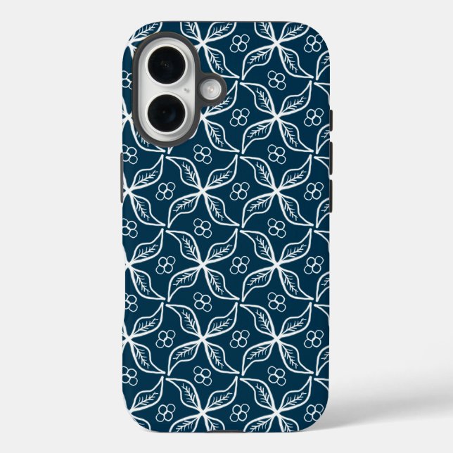 Funda iPhone 16 Blue White Leaves Berries Mistletorepetición (Reverso )