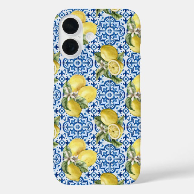 Funda iPhone 16 Blue White Lemon Tile Mediterranean Pattern (Reverso )
