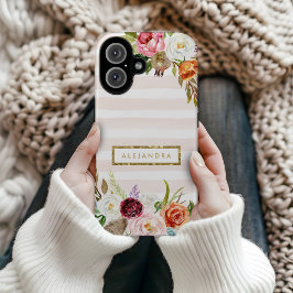 Funda iPhone 16 Boho Blooms Rubor Stripe Monograma