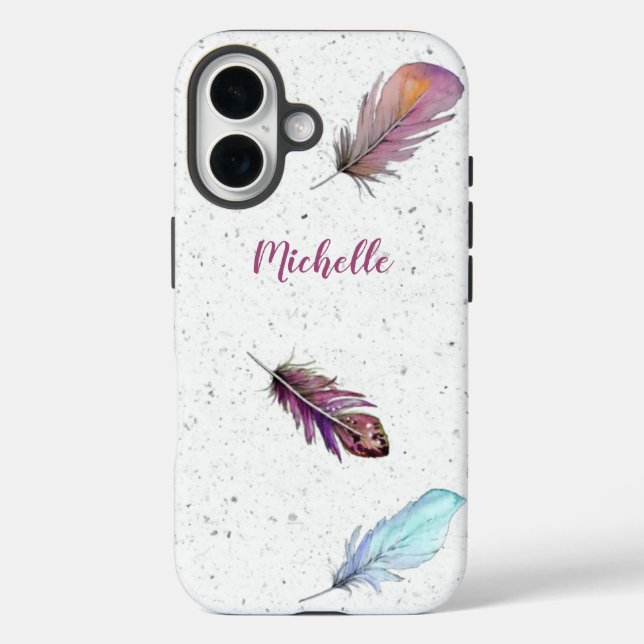 Funda iPhone 16 Boho Feathers sobre el Personalizado de fondo espe (Reverso )